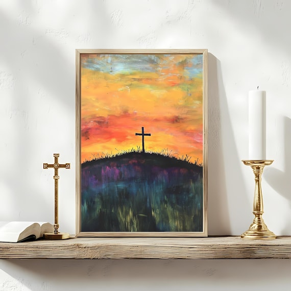 Cross On Hill At Sunrise Easter Morning Christian Faith Wall Art