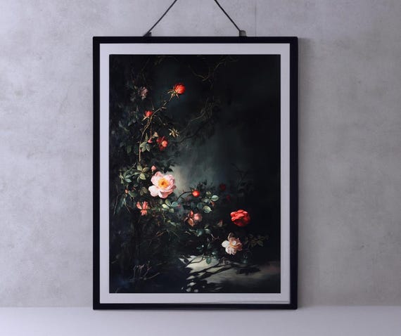 Moody Dark Botanical Floral Rose Flower Art Dark Cottagecore Gothic Art Dark Academia Romantic Roses Wall Decor Vintage Floral