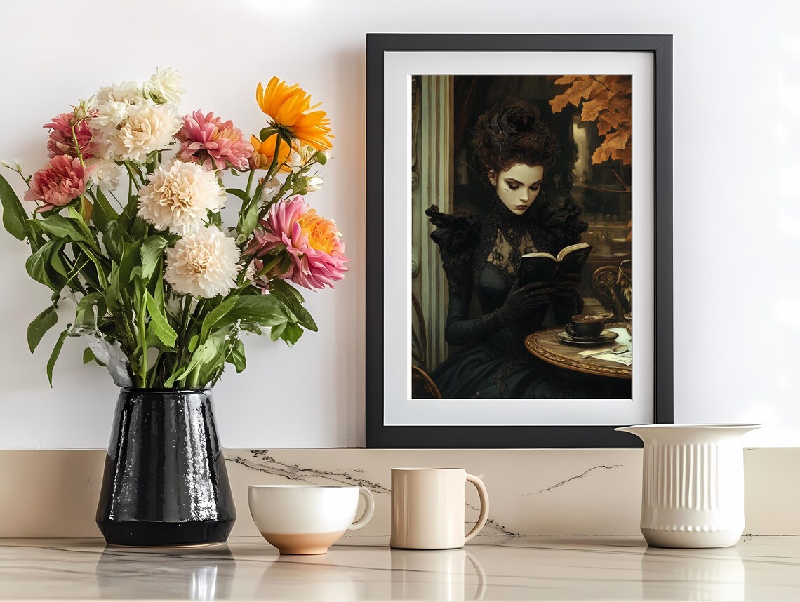 Gothic Lady Reading Book With Tea Vintage Autumn Cafe Art Poster - Image 2