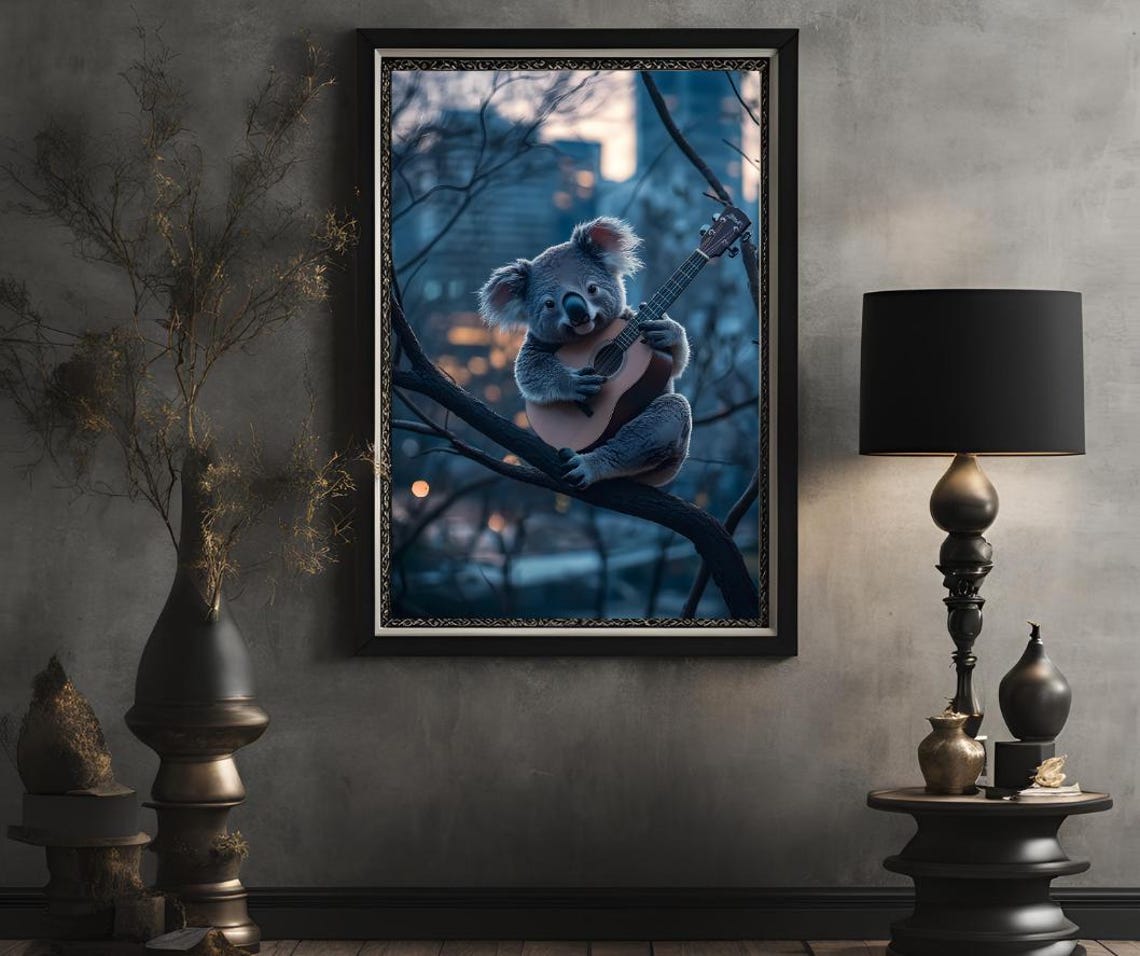 Koala Playing Guitar On Branch Night City Funny Animal Poster - Image 2