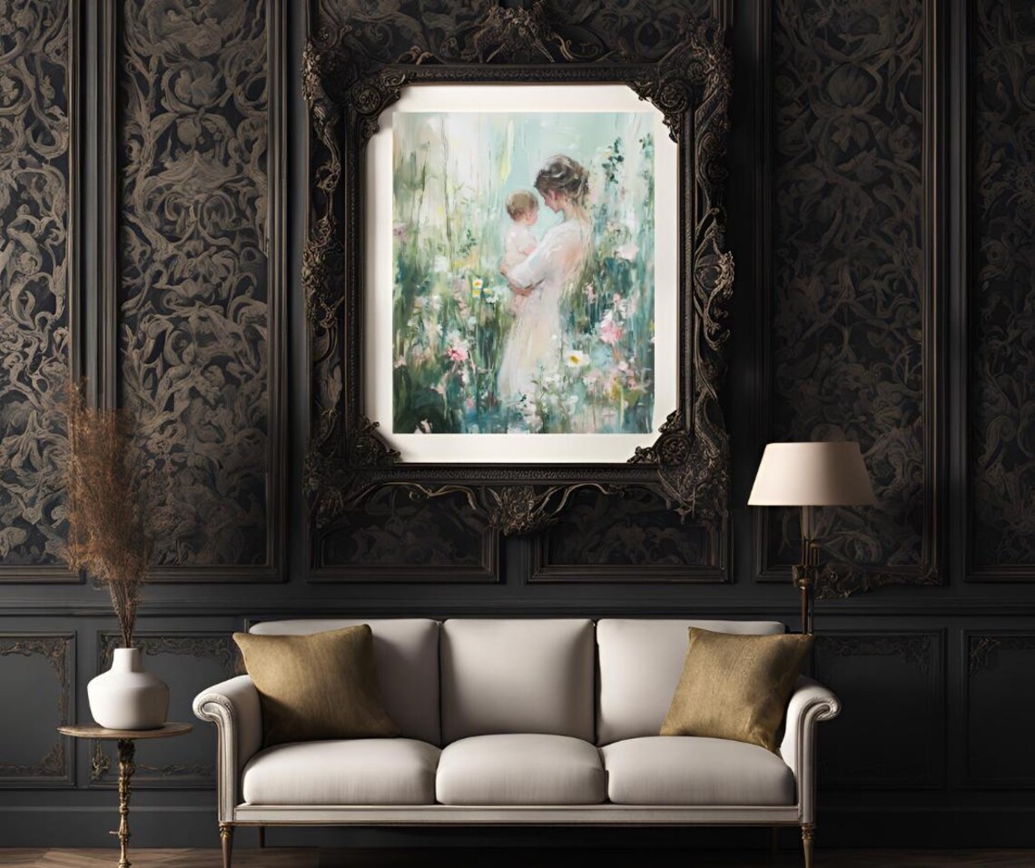 Mother Holding Her Baby in a Soft Flower Field Impressionist Poster - Image 3