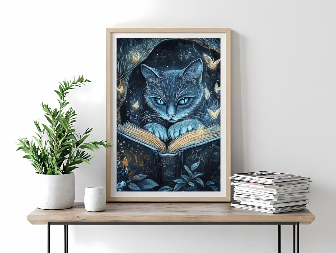 Enchanting Blue Cat with a Glowing Book and Golden Butterflies Poster