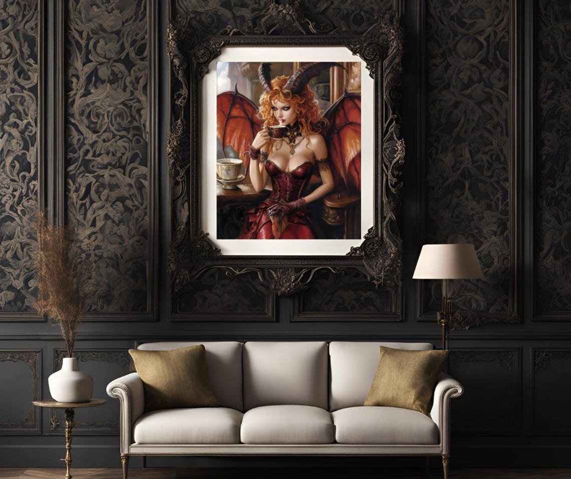 Horned Demon Beauty Sipping Coffee With Red Wings Facing Viewer Poster - Image 3