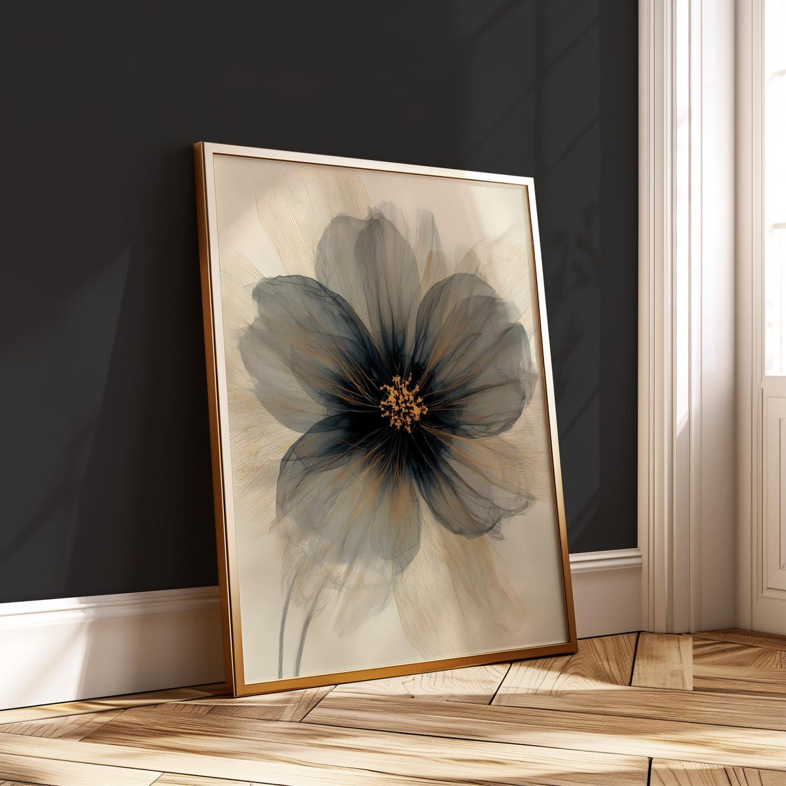 Translucent Gray Flower with Gold Center Abstract Ink Wall Art