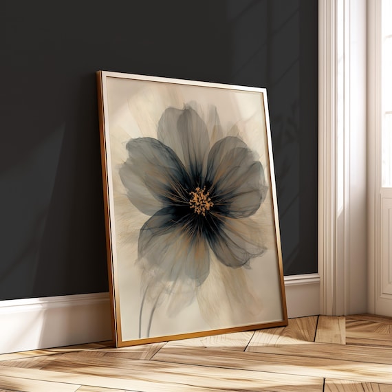Translucent Gray Flower with Gold Center Abstract Ink Wall Art