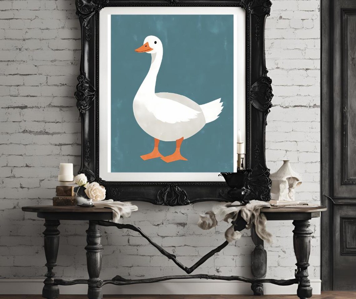 Minimalist White Goose Illustration on a Teal Background Art Poster - Image 4