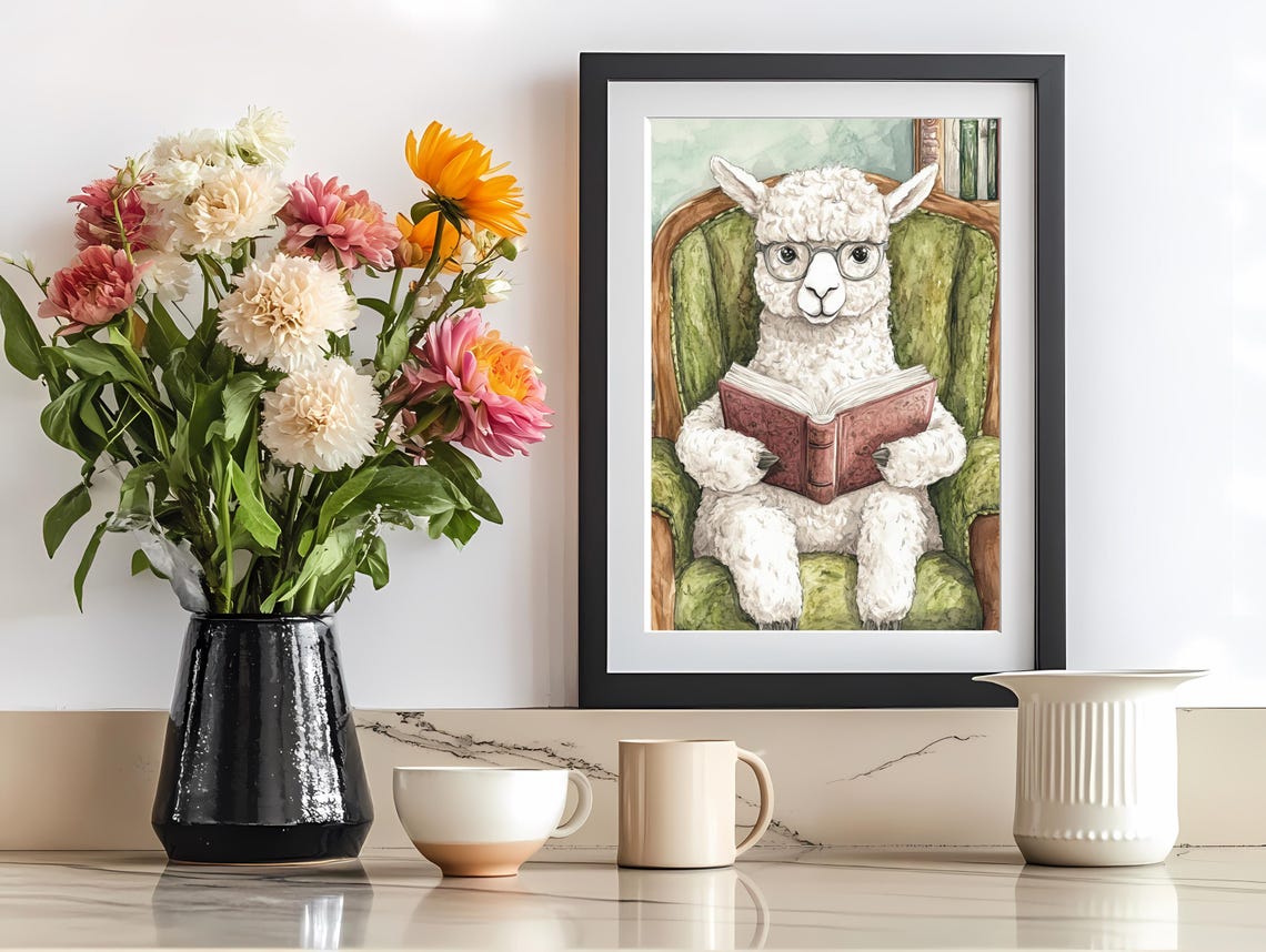 Cozy Llama Reading Book In Armchair Funny Glasses Animal Poster - Image 2