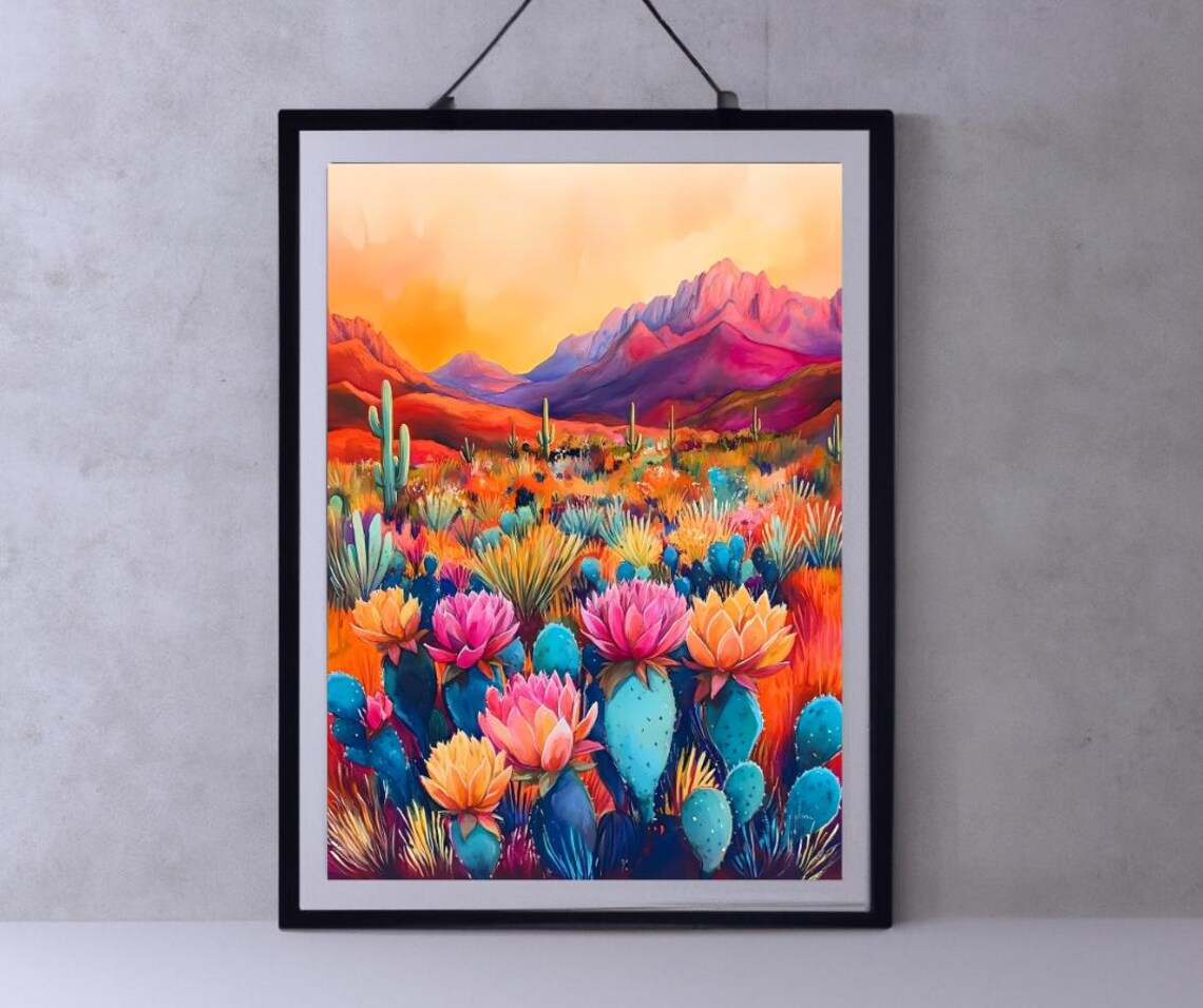 Vibrant Southwest Desert Sunset With Blooming Cacti Mountains Poster