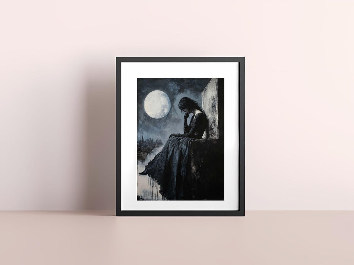 Gothic Art Woman Under Full Moon Illustration Dramatic Dark Wall Art Gift For Her - Image 4