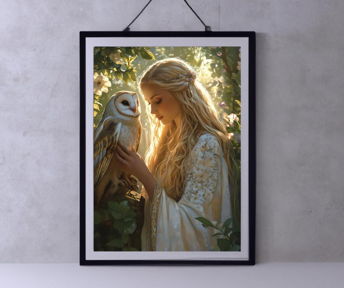 Goddess Girl Barn Owl Sunlit Garden Fantasy Portrait Art Poster