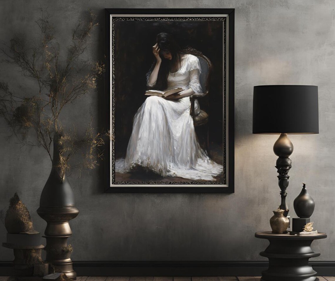 Antique Portrait of a Woman Reading Book in White Gown Art Poster - Image 2