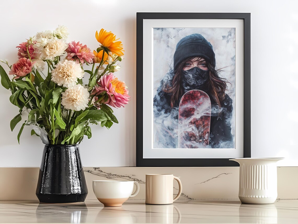 Masked Female Snowboarder Misty Mountain Winter Portrait Poster - Image 2