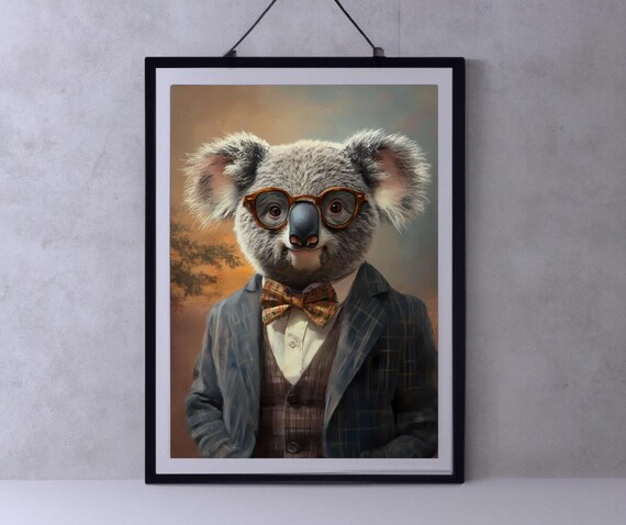 Dapper Koala in a Suit Bow Tie and Glasses Painted Portrait Poster