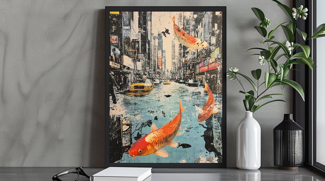 Koi Fish Swimming Over Flooded City Street Surreal Urban Art Poster