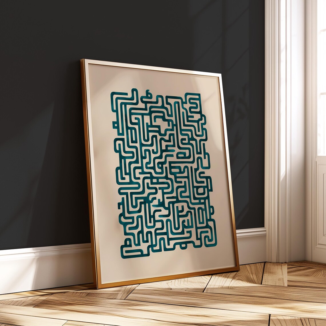 Geometric Teal Maze Line Art Minimalist Labyrinth Pattern Cream Wall Art
