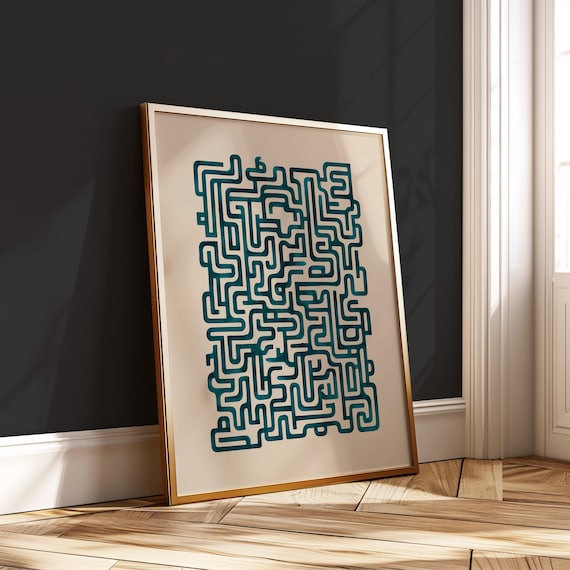 Geometric Teal Line Art Print Minimalist Maze Wall Vertical