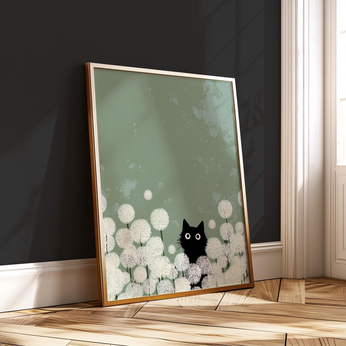 Black Cat Dandelion Wall Art Minimal Botanical Print Whimsical Nature Poster
