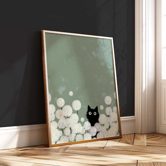 Black Cat Dandelion Wall Art Minimal Botanical Print Whimsical Nature Poster