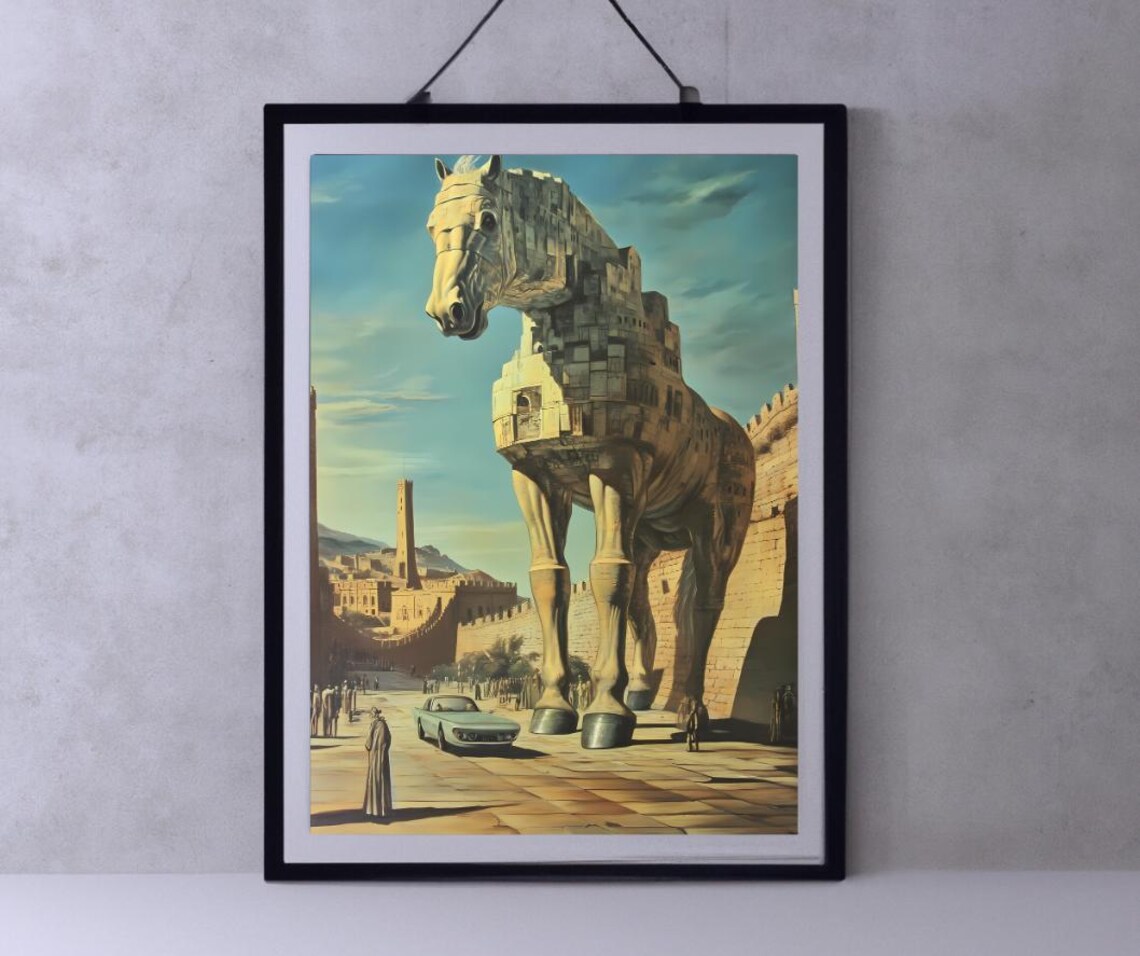 Giant Trojan Horse in a Surreal Ancient Walled City Art Poster