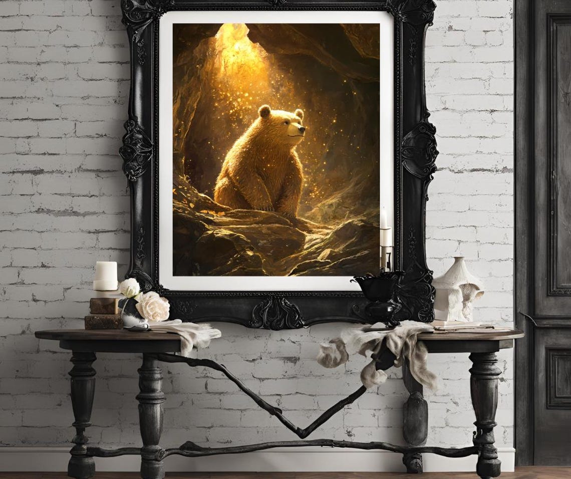 Golden Bear Sitting in a Glowing Magical Cave Light Art Poster - Image 4