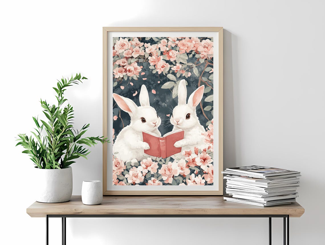 Two White Bunnies Reading Red Book Pink Blossoms Cute Animal Poster