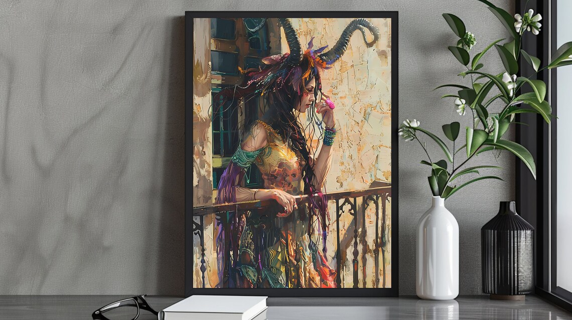 Faun Girl with Horns on Balcony in Colorful Festival Costume Poster