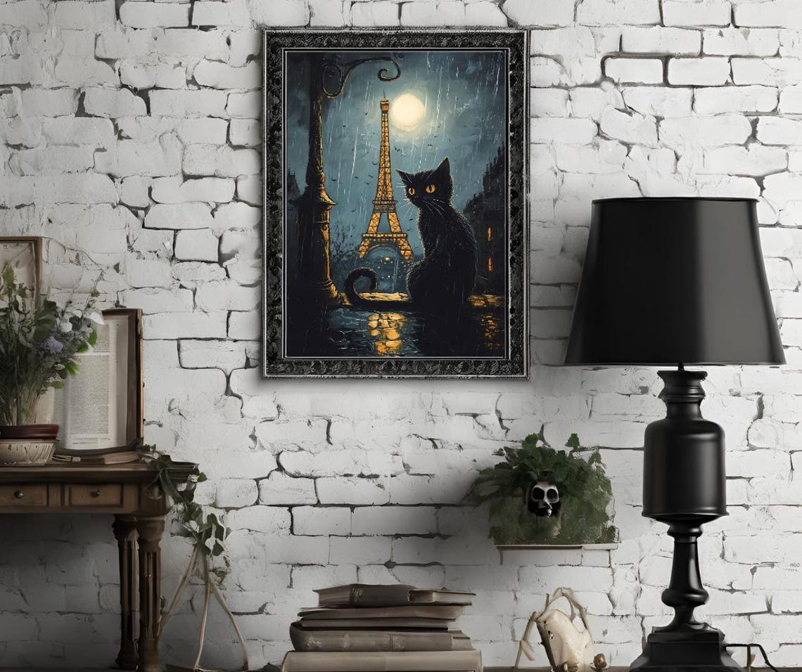 Black Cat Eiffel Tower Rainy Paris Night Noir Romantic Art Poster - Image 2