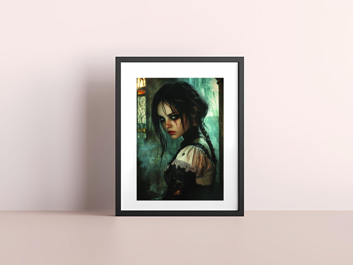 Haunting Gothic Portrait Mysterious Woman With Piercing Green Eyes Dark Fantasy Wall Art Instant - Image 4