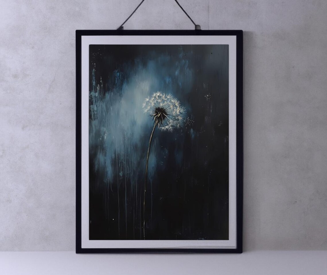 Dandelion With Scattering Seeds on a Dark Blue Moody Art Poster