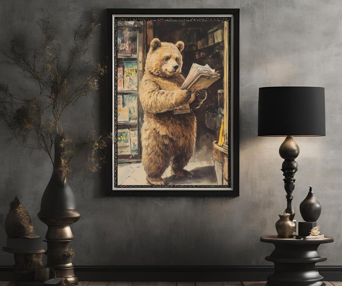 Charming Brown Bear Reading Newspaper in Bookshop Vintage Poster - Image 2