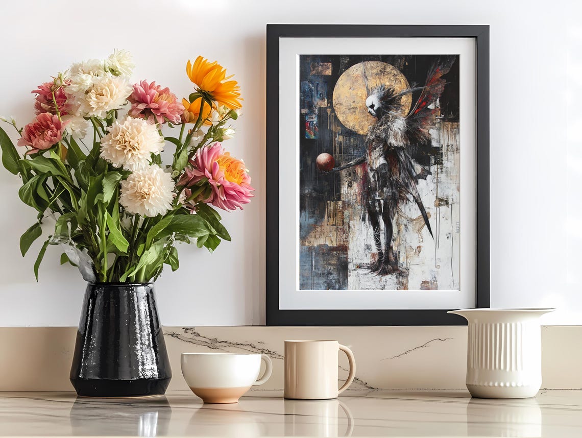 Surreal Dark Gothic Angel Standing Before a Golden Moon Art Poster - Image 2