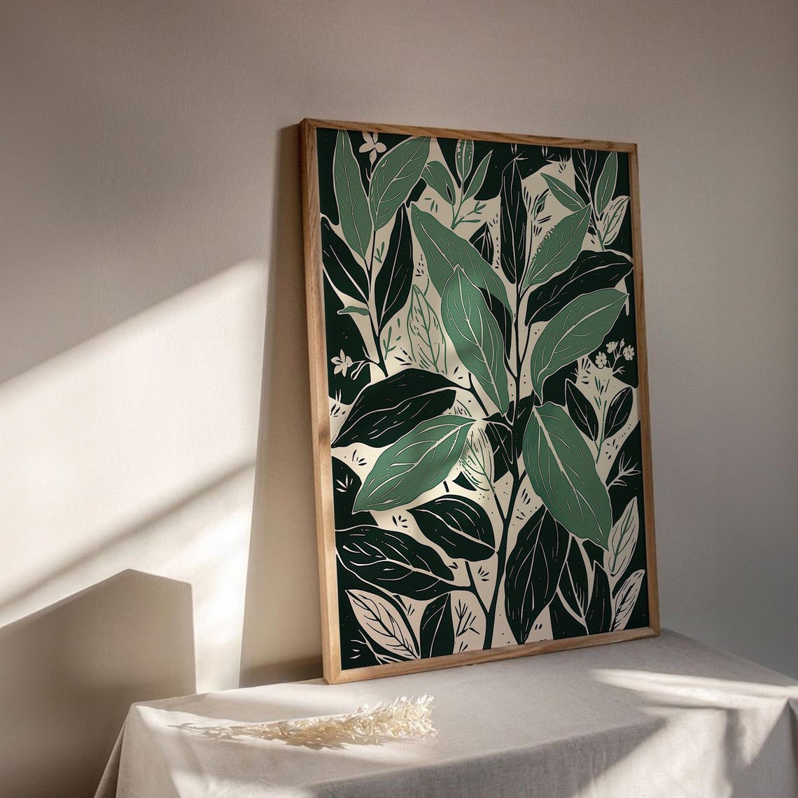 Abstract Botanical Green Leaves Modern Floral Linocut Style Poster