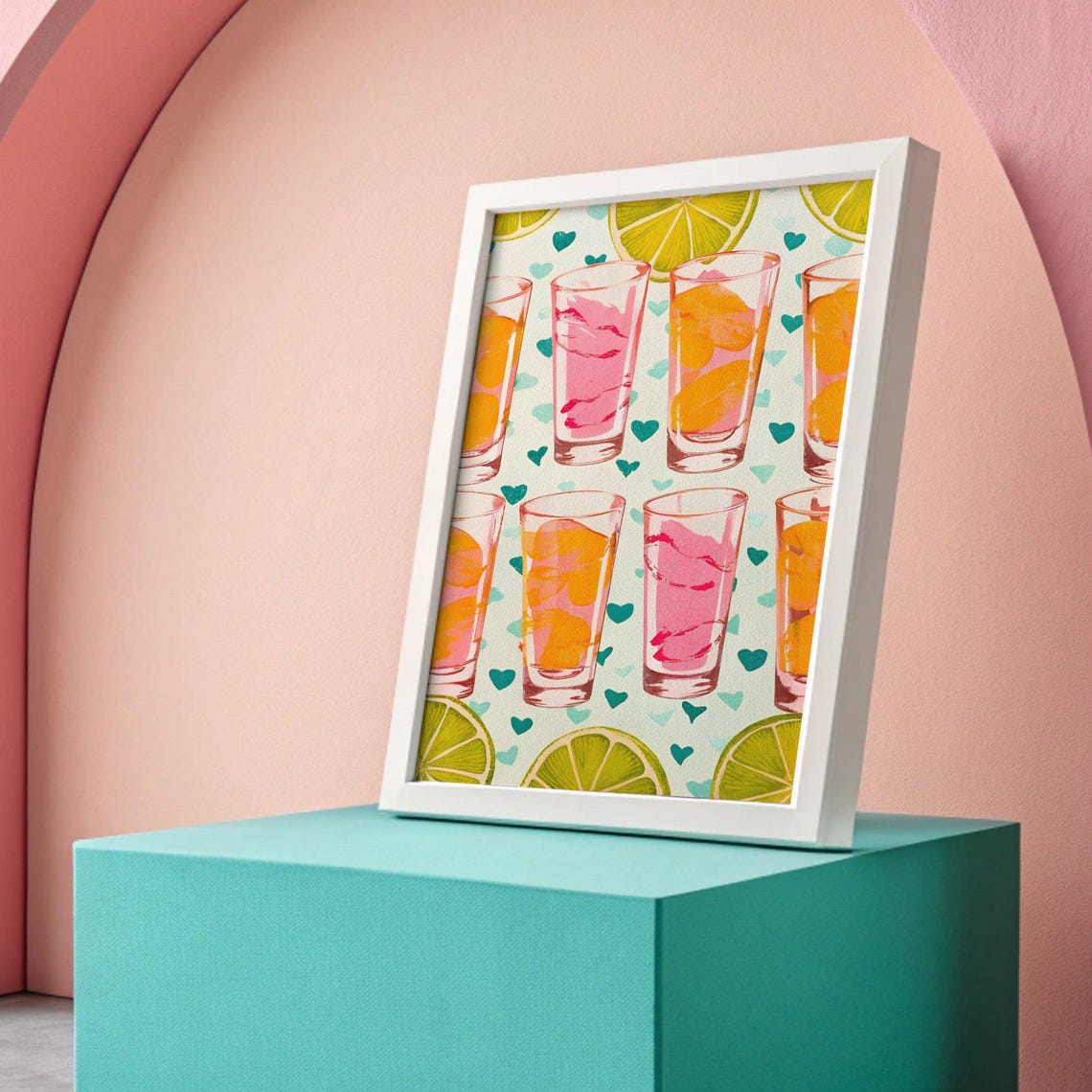 Pink And Orange Shot Glasses Pattern Print With Limes And Hearts Bar Art