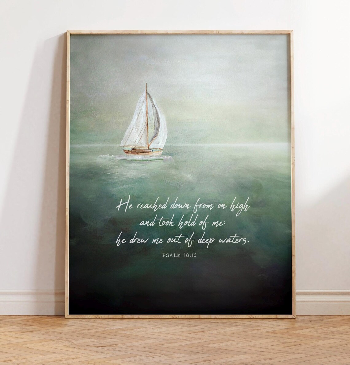 Psalm 18:16 Scripture Art Print, Deep Waters Sailboat