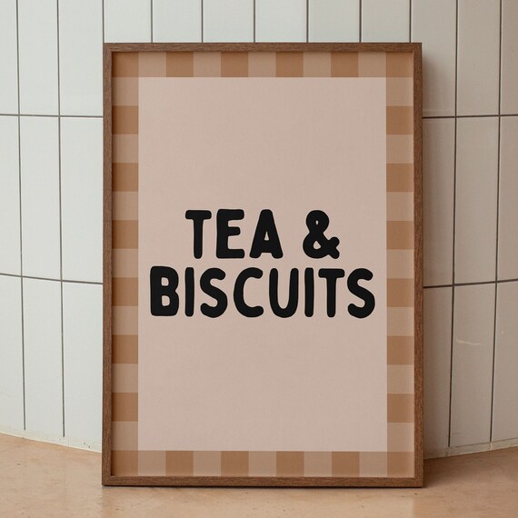 Tea And Biscuits Pink Checkered Cozy Kitchen Typography Poster