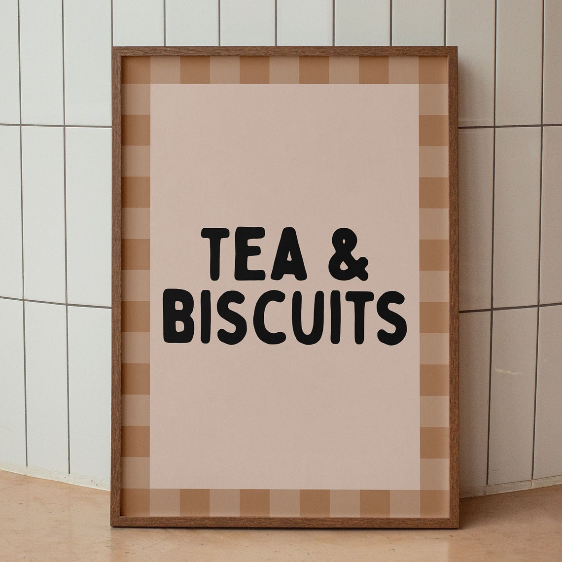 Tea And Biscuits Pink Checkered Cozy Kitchen Typography Poster