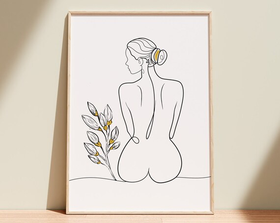 Woman Back Line Art with Gold Botanical Sprig Minimalist Poster