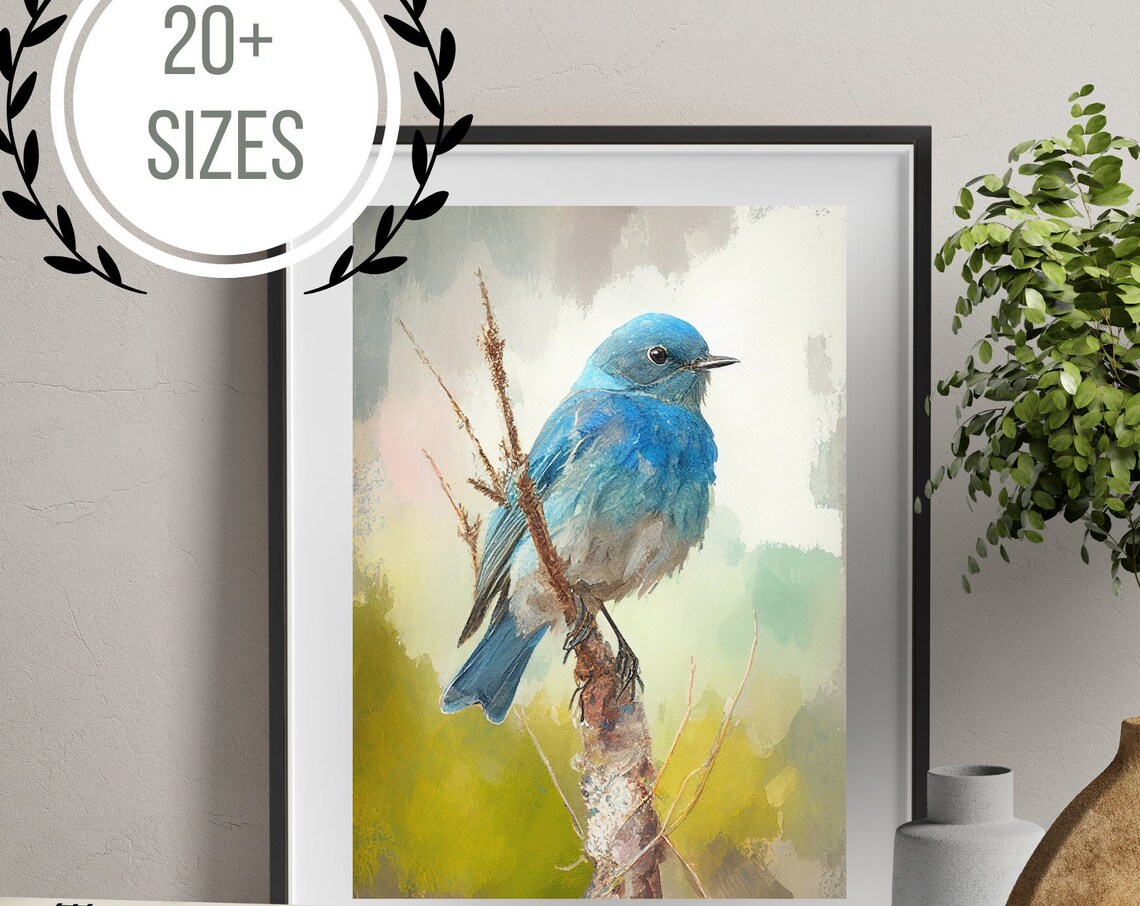 Mountain Bluebird On Branch Colorful Watercolor Bird Art Poster