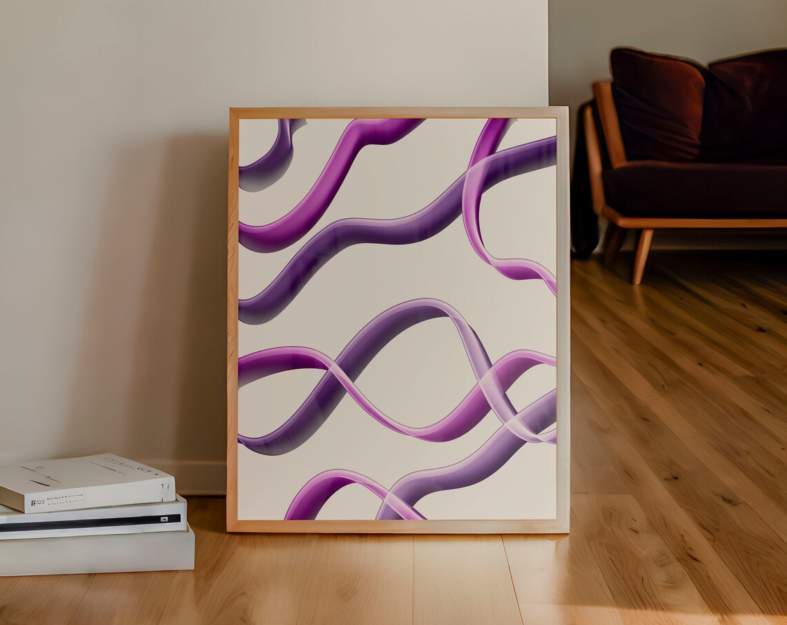 Teal And Lavender Flowing Wavy Ribbon Lines Abstract Art Poster - Image 3