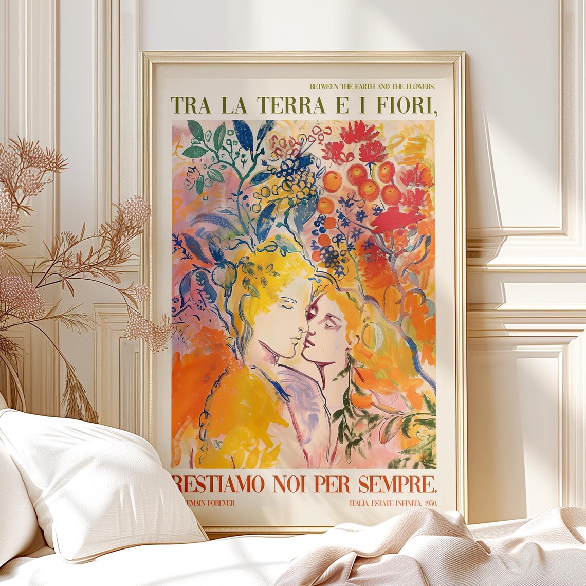 Italian Lovers Embrace Colorful Floral Romantic Saying Art Print