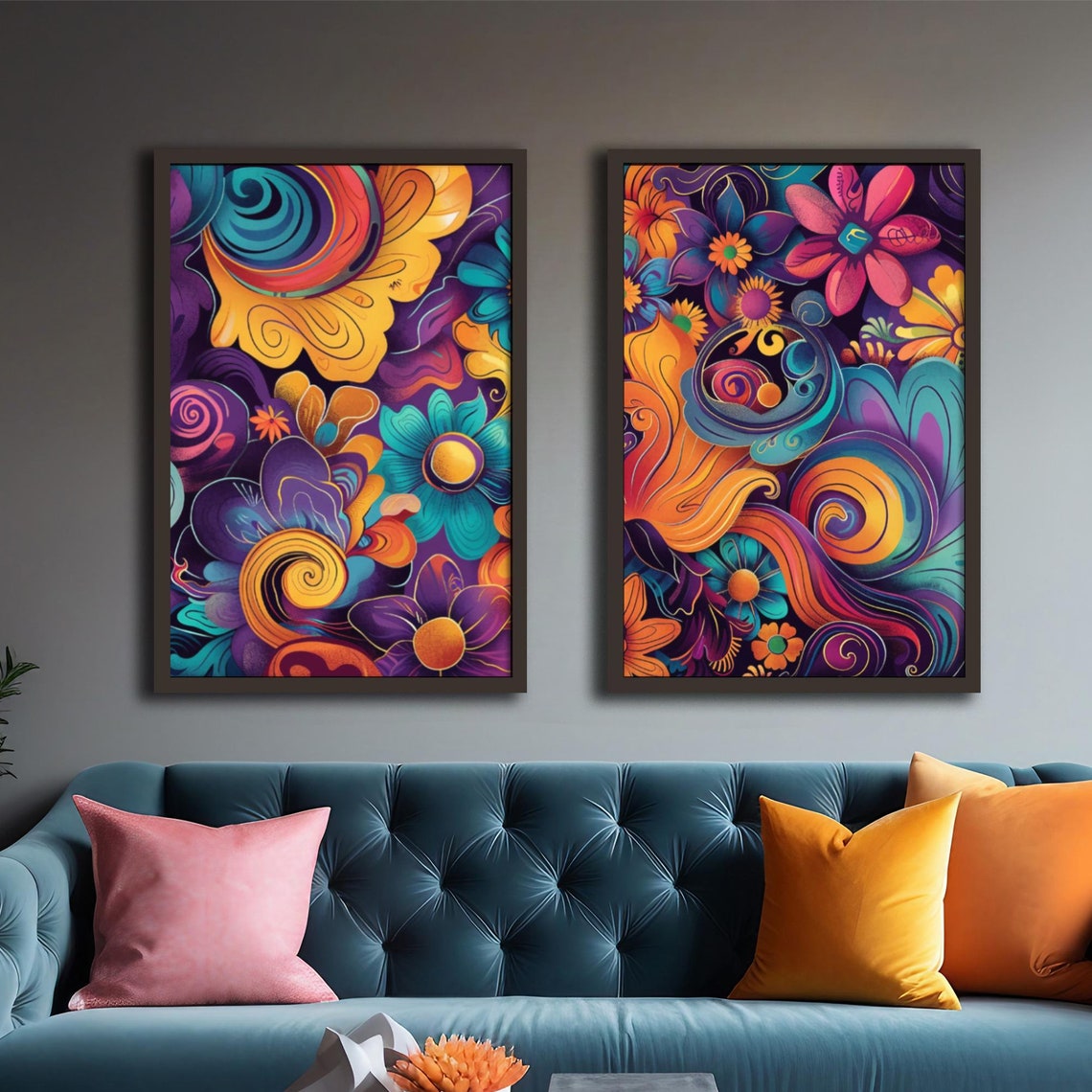 Abstract Retro Bold Floral Print Multi Color Cheerful Wall Art Bright Yellow Purple Teal And Orange Floral Poster Colorful Floral Art - Image 4
