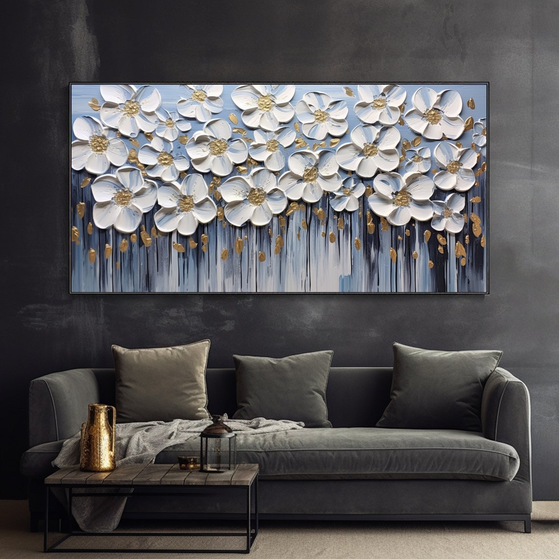 White Flowers Gold Stamens Deep Blue Luxe Floral Oil Painting Wall Art - Image 4