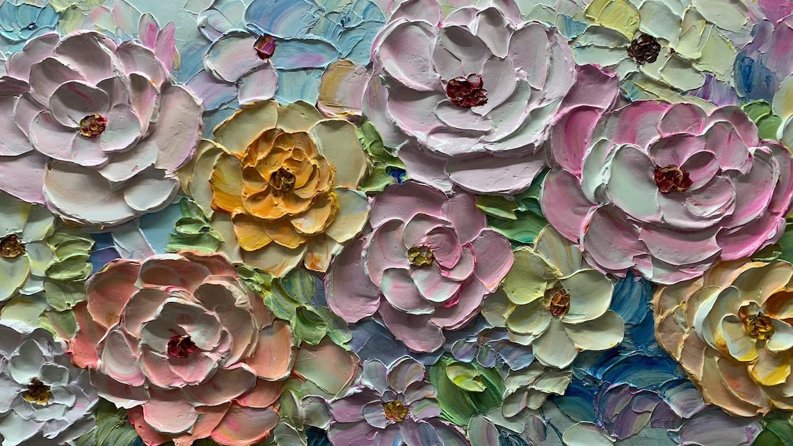 Soft Pink Rose Garden Pastel Blooms Palette Knife Floral Art Poster - Image 3