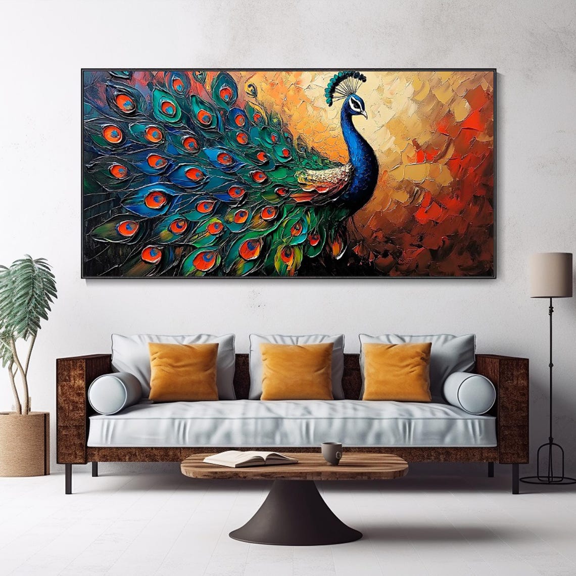 Peacock With Fanned Tail Colorful Textured Animal Art Poster - Image 2