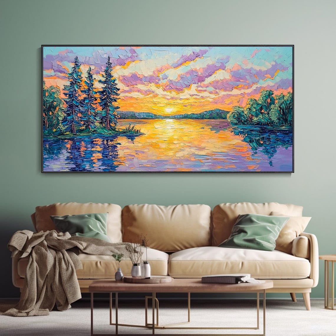 Sunset Lake With Pine Trees Reflections Landscape Art Poster - Image 3