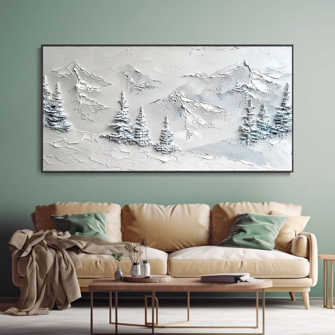 White Winter Mountain Snow Pines Minimalist Palette Knife Wall Art - Image 3