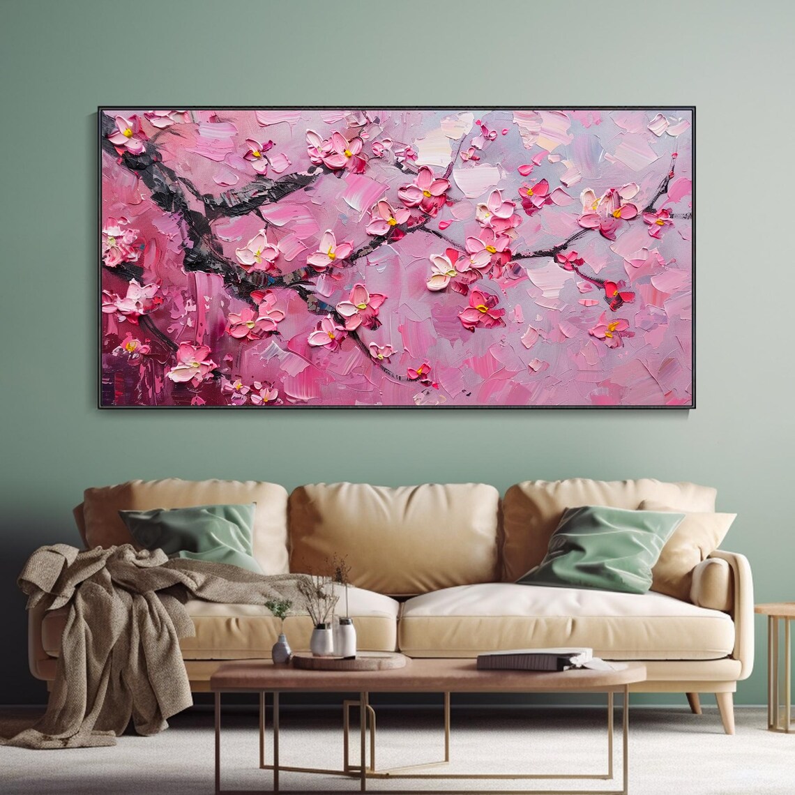 Cherry Blossom Landscape Oil Painting Art Print - Image 2