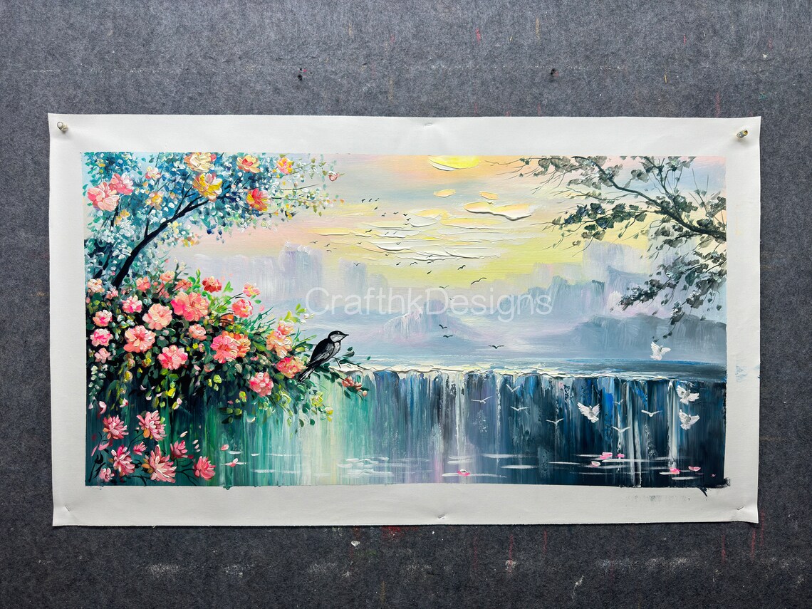 Waterfall Garden Landscape, Oil Painting Art Print - Image 4