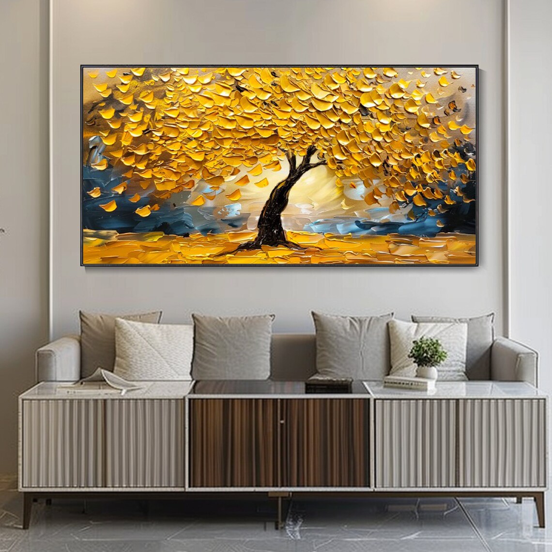 Golden Tree With Yellow Leaves Textured Autumn Oil Art Poster - Image 4