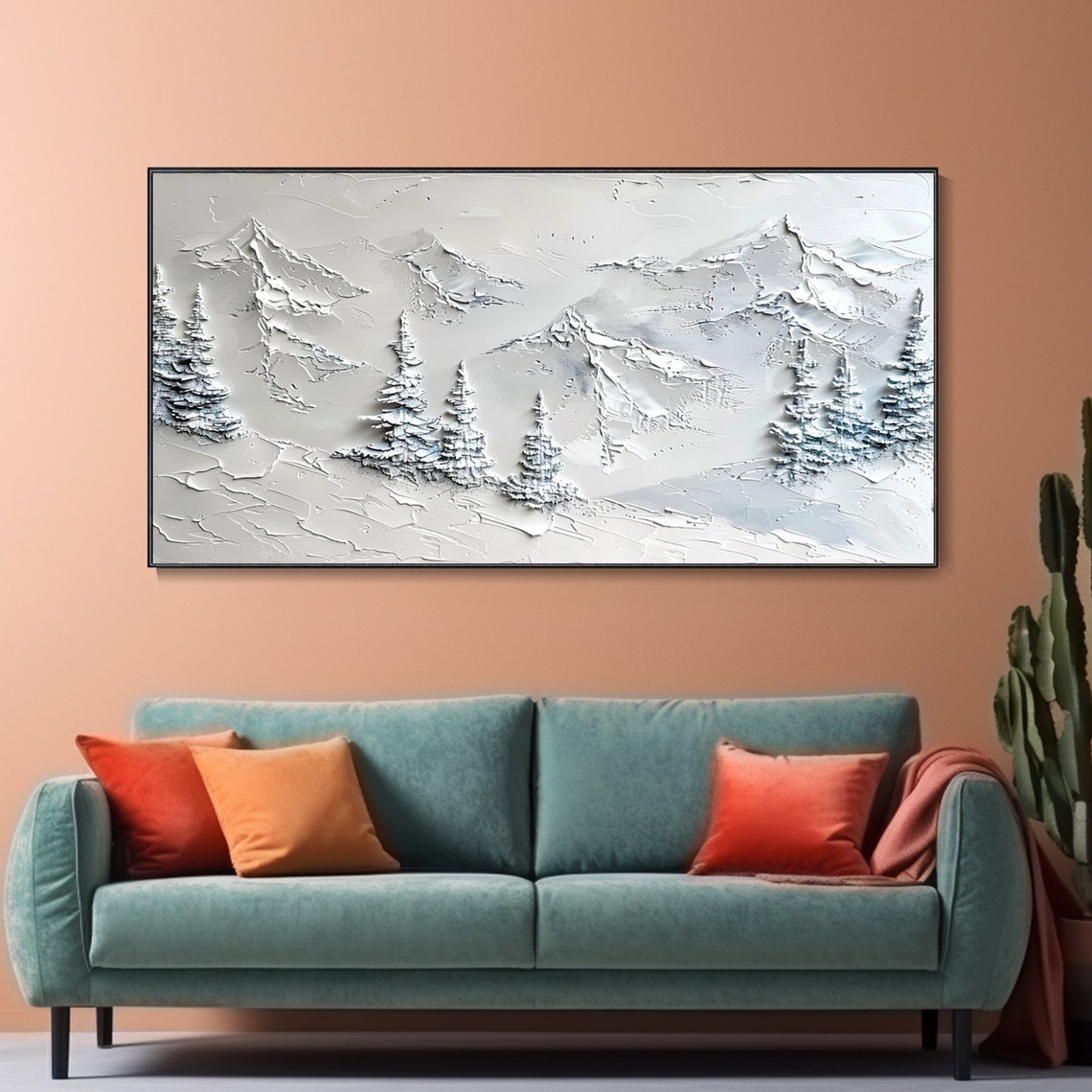 White Winter Mountain Snow Pines Minimalist Palette Knife Wall Art - Image 4